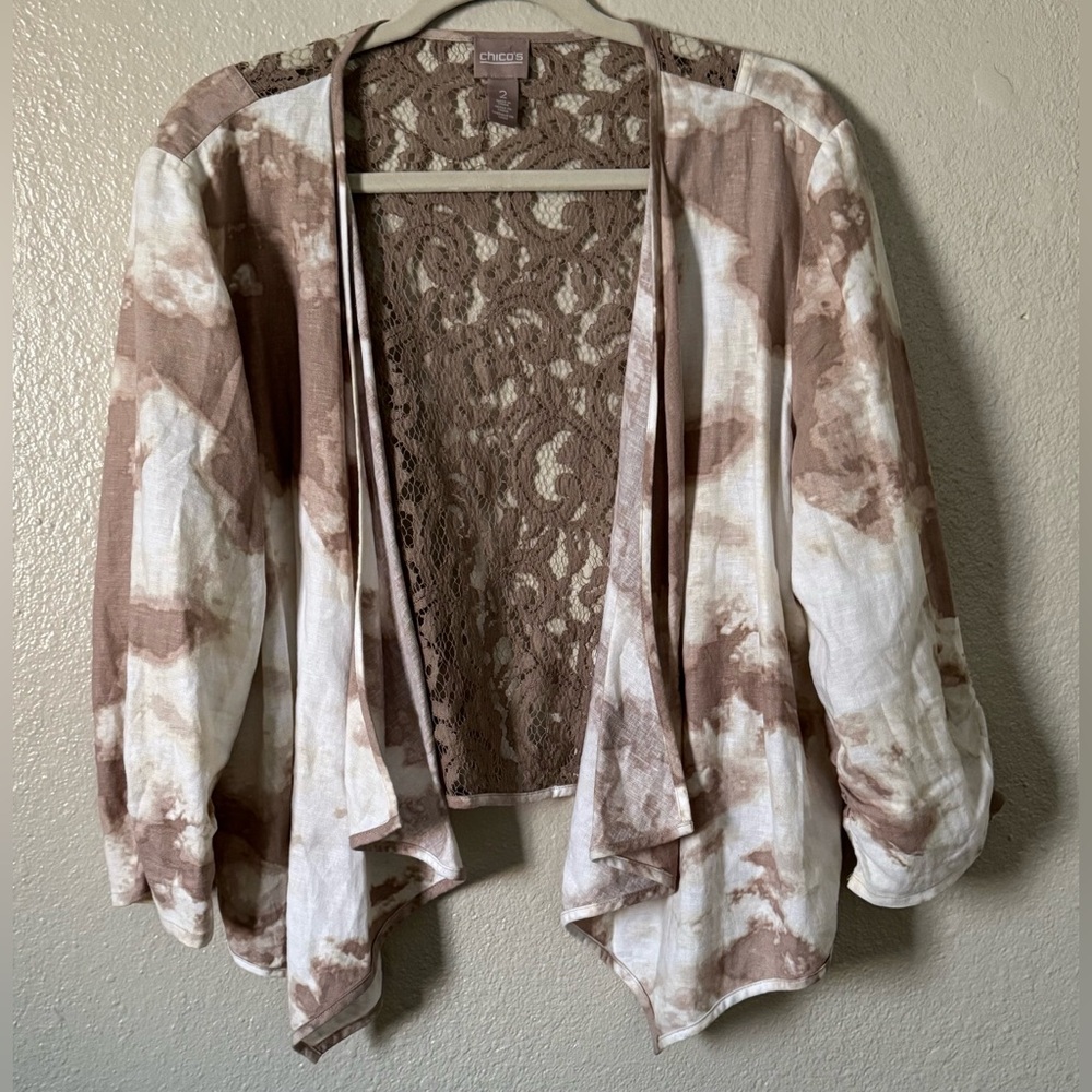 W Sz.2 (L) Chicos Lace/Linen Blend Cropped Open Cardigan 3/4 Sleeve Boho Artsy